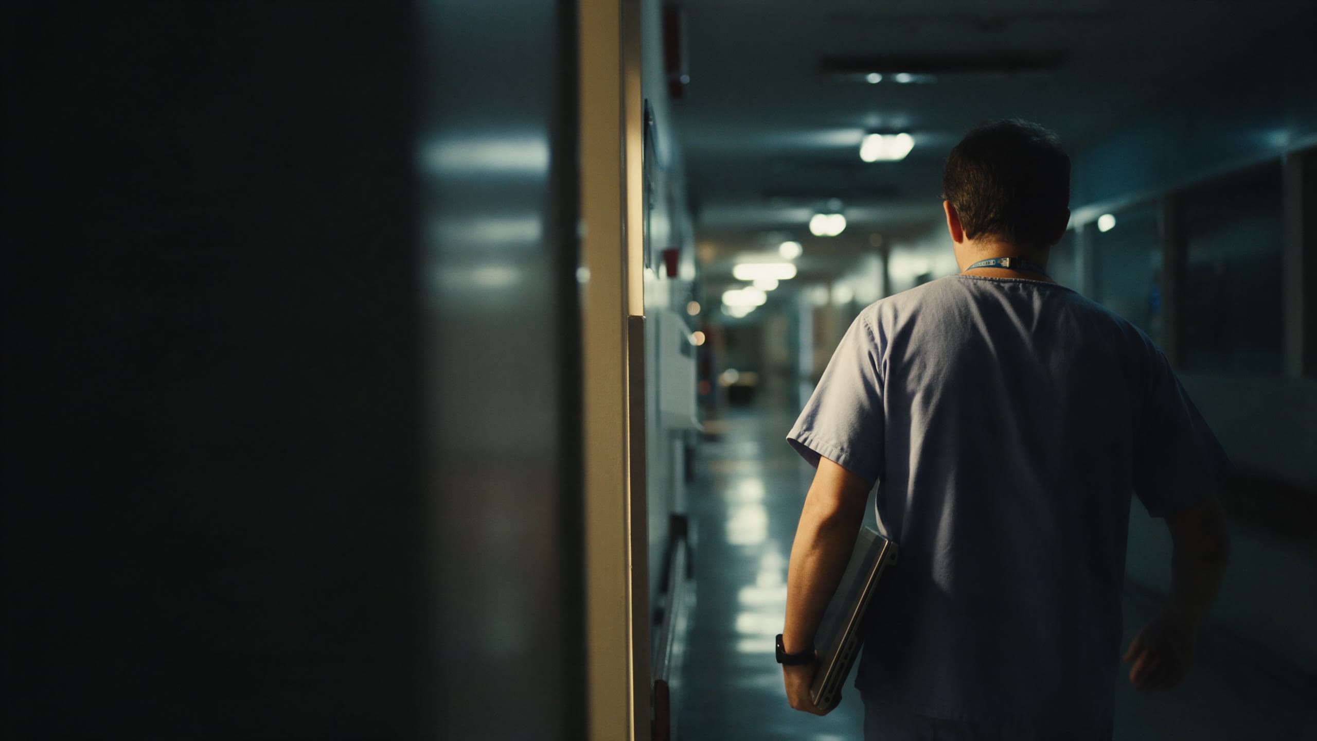 Profissional caminhando por um corredor hospitalar à noite com um notebook