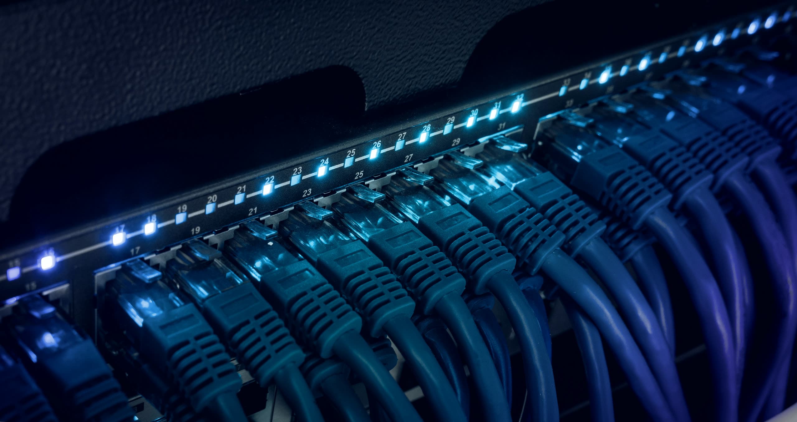 Cabos de rede azuis conectados a um switch iluminado